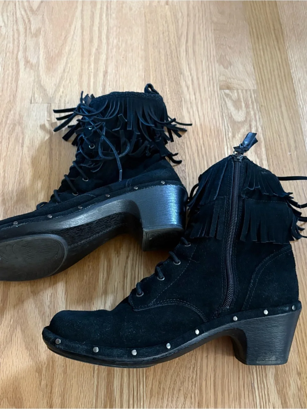SoftWalk Black Suede Fringe Lace-Up Ankle Boots Zipper Sz 9 Moccasin Leather